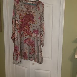 Spartina 449 Gray Floral Midi Dress with Pink and Brown Accents